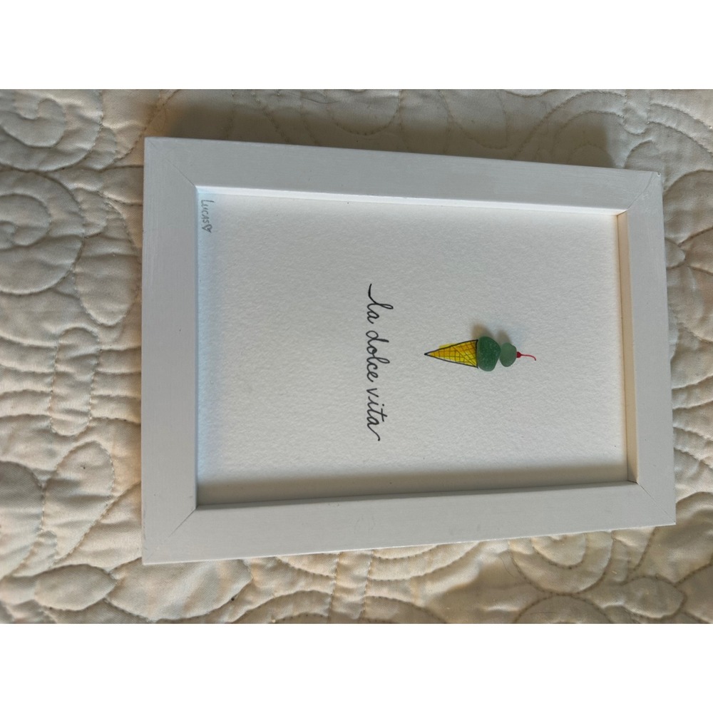 Lucas La Dolce Vita Sea Glass Art Framed Ice Cream Cone Wall Decor White 5x7 - Picture 4 of 5